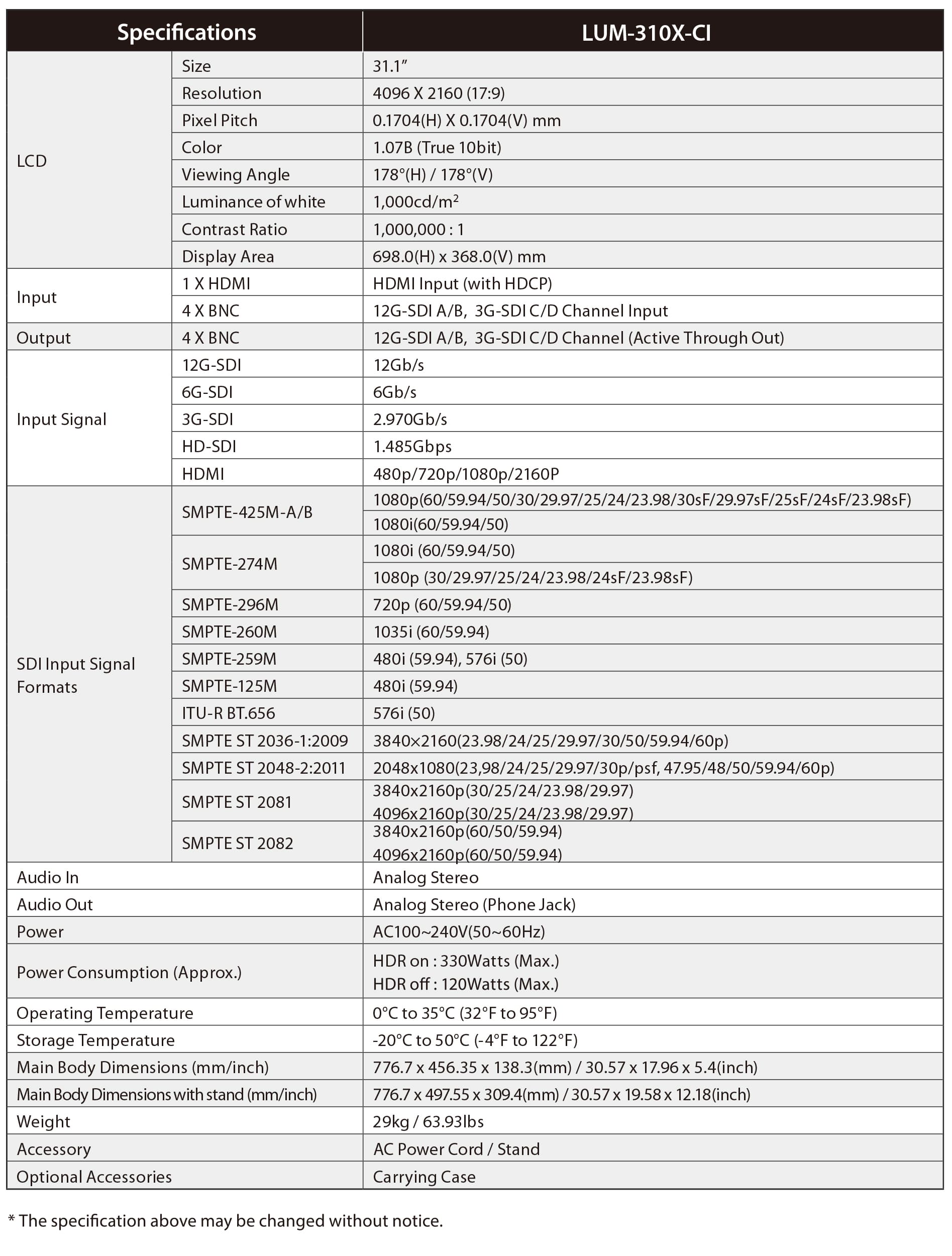 LUM-550H Specification